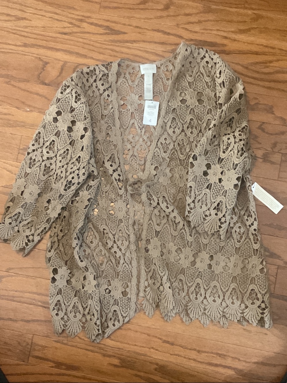 Chico's Taupe Crochet Lace Open Jacket